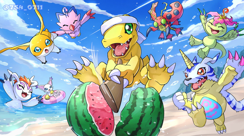 6+others agumon artist_name beach bird blue_sky bug cat closed_eyes cloud digimon digimon_(creature) food fruit gabumon gomamon highres jumping multiple_others nagoshi no_humans open_mouth outdoors palmon patamon piyomon reptile sky suikawari tailmon tentomon water watermark watermelon wings