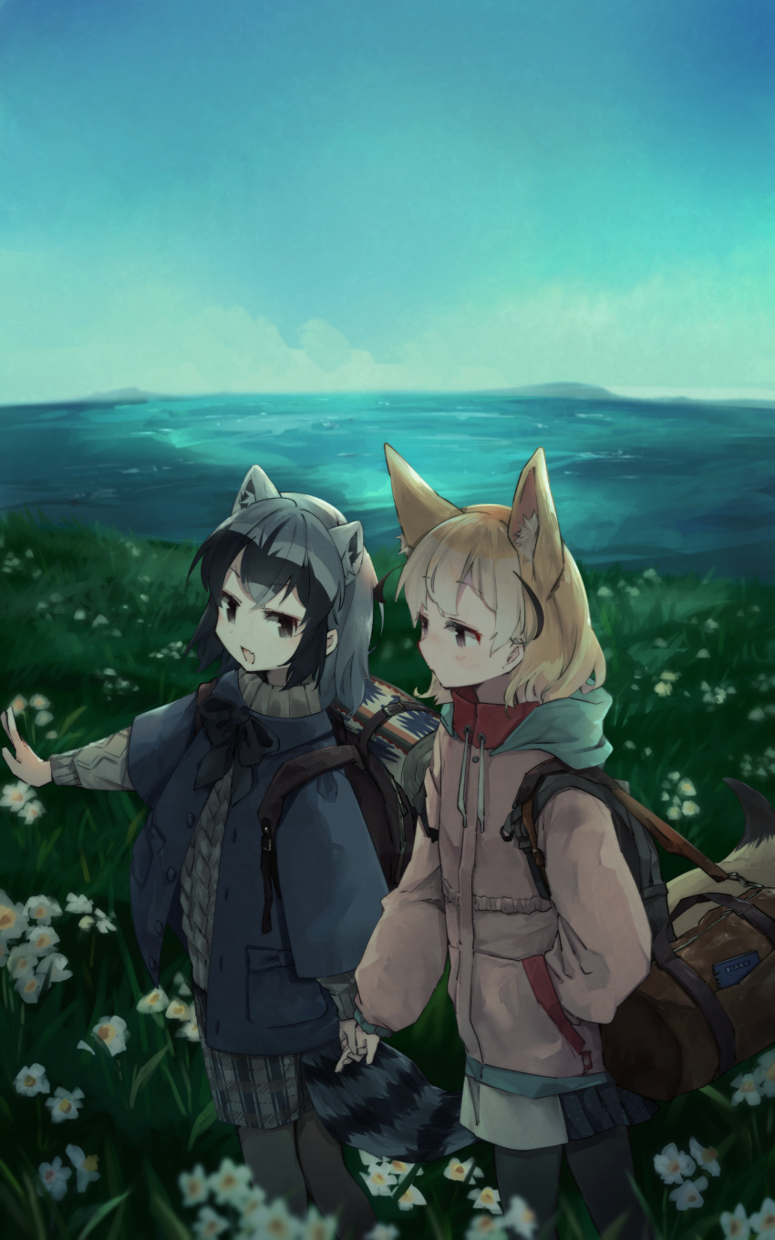 2girls alternate_costume animal_ears backpack bag blonde_hair blue_jacket casual commentary_request common_raccoon_(kemono_friends) duffel_bag extra_ears fennec_(kemono_friends) flower fox_ears fox_girl fox_tail grass grey_hair grey_pantyhose grey_skirt grey_sweater highres holding_hands jacket kemono_friends long_sleeves multicolored_hair multiple_girls nanana_(nanana_iz) ocean pantyhose pink_jacket pleated_skirt raccoon_ears raccoon_girl raccoon_tail sidelocks skirt sweater tail two-tone_hair white_hair