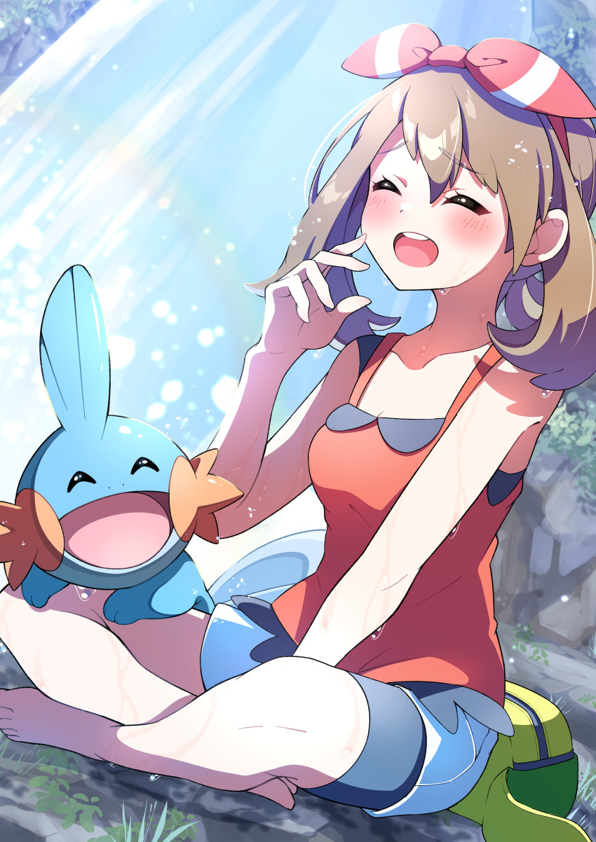 1girl absurdres bag_removed barefoot bike_shorts bike_shorts_under_shorts blush bow_hairband brown_hair closed_eyes collarbone commentary_request day eyelashes hairband happy highres may_(pokemon) mudkip open_mouth outdoors pokemon pokemon_(creature) pokemon_(game) pokemon_oras pon_yui red_hairband red_shirt shirt shorts sitting sleeveless sleeveless_shirt teeth toes tongue upper_teeth_only water wet white_shorts