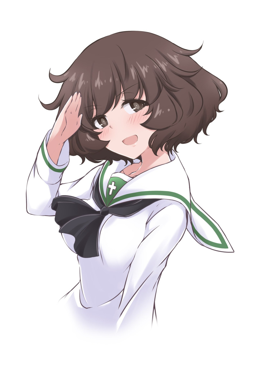 1girl akiyama_yukari black_ribbon brown_eyes brown_hair girls_und_panzer hand_up hazuki_haru head highres long_sleeves looking_at_viewer messy_hair ooarai_school_uniform ribbon sailor_collar school_uniform shirt simple_background smile upper_body white_background white_shirt