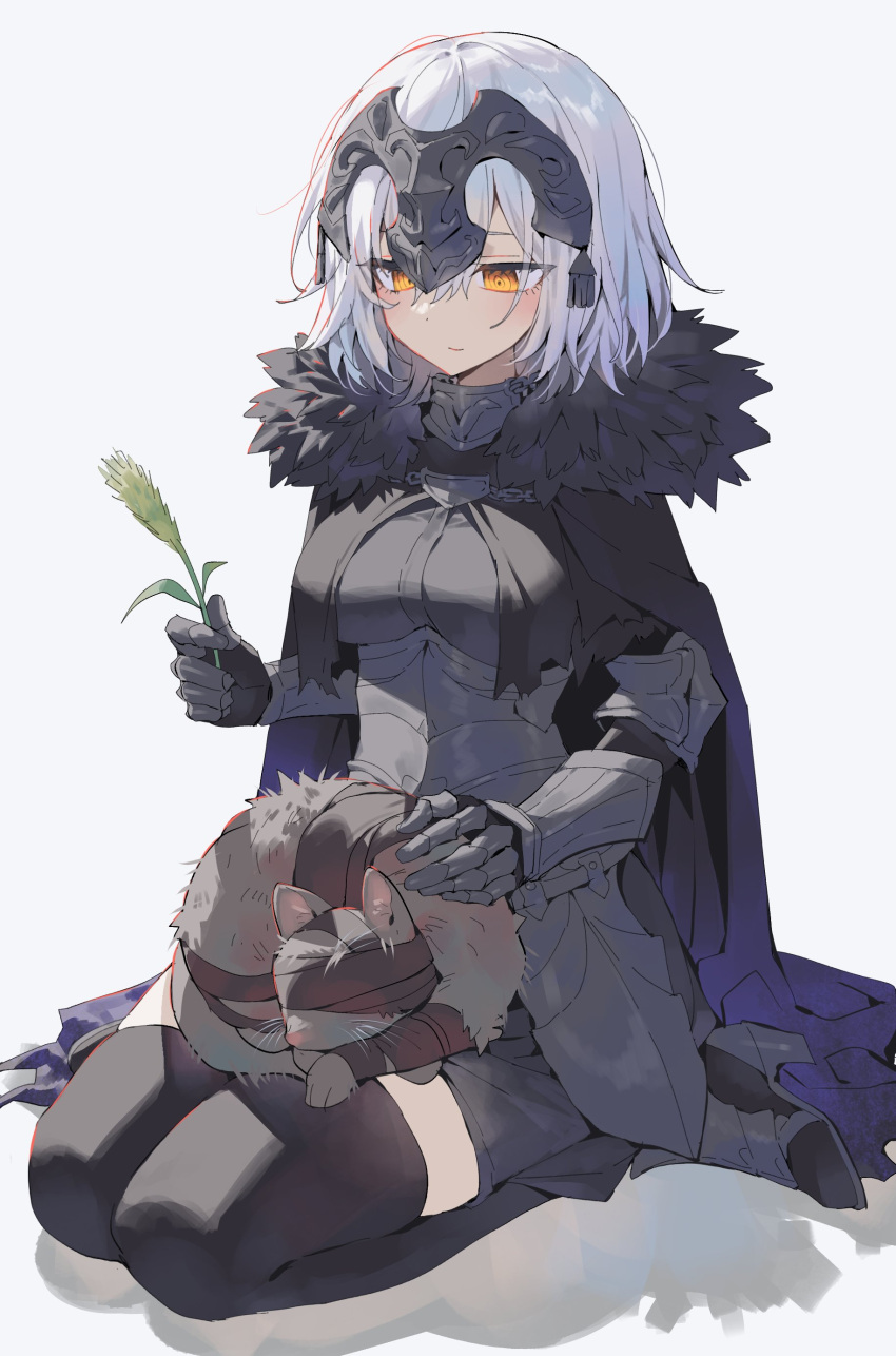 1girl absurdres armor bandages black_cape black_thighhighs cape cat cattail closed_mouth devy_lobotomy fate/samurai_remnant fate_(series) headpiece highres jeanne_d'arc_alter_(fate) jeanne_d'arc_alter_(lancer)_(fate) plant seiza short_hair sitting solo thighhighs white_hair yellow_eyes