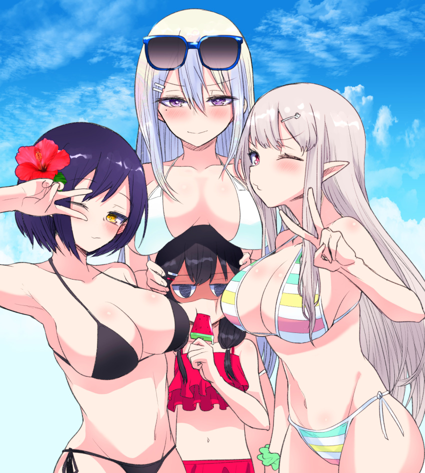 4girls alternate_breast_size alternate_height bikini black_bikini black_eyes black_hair breast_rest breasts breasts_on_head commentary elu_(nijisanji) empty_eyes eyewear_on_head flower food frilled_bikini frills grey_hair hair_between_eyes hair_flower hair_ornament hairpin height_difference highres higuchi_kaede jk_gumi_(nijisanji) large_breasts long_hair multiple_girls navel nijisanji one_eye_closed pointy_ears popsicle purple_eyes purple_hair red_eyes ricochet-gou scrunchie shizuka_rin short_hair side-tie_bikini_bottom sidelocks striped striped_bikini sunglasses swimsuit tsukino_mito v virtual_youtuber watermelon_bar white_bikini white_hair wrist_scrunchie yellow_eyes