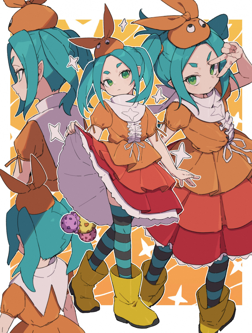 1girl absurdres aqua_hair black_thighhighs boots border clothes_lift dress dress_lift expressionless from_behind from_side full_body googly_eyes green_eyes green_thighhighs hand_up hat highres long_hair looking_at_viewer monogatari_(series) multiple_views ononoki_yotsugi orange_background orange_dress profile standing star_(symbol) striped striped_thighhighs thick_eyebrows thighhighs twintails v_over_eye white_border yellow_footwear zizi_niisan