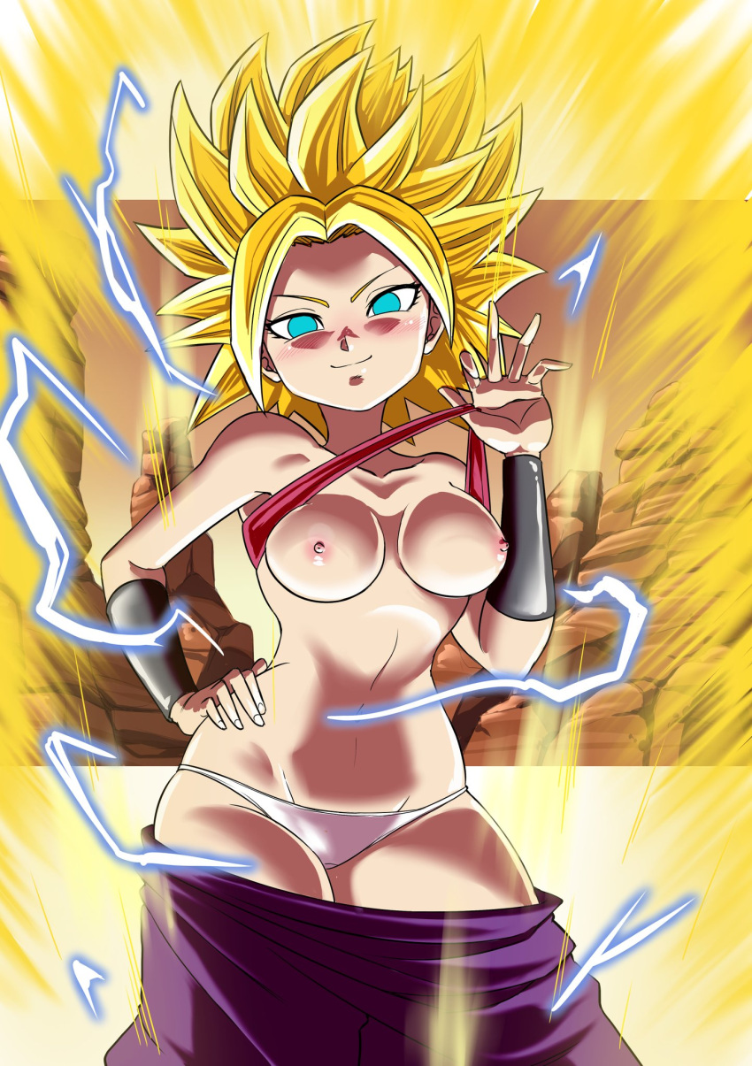 1girl aura bandeau bandeau_lift blonde_hair blue_eyes breasts caulifla clothes_pull commentary commission contrapposto dragon_ball dragon_ball_super electricity hand_on_own_hip highres issa_castagno medium_breasts navel nipples panties pants pants_pull purple_panties red_bandeau smile solo spiked_hair super_saiyan super_saiyan_2 underwear white_panties