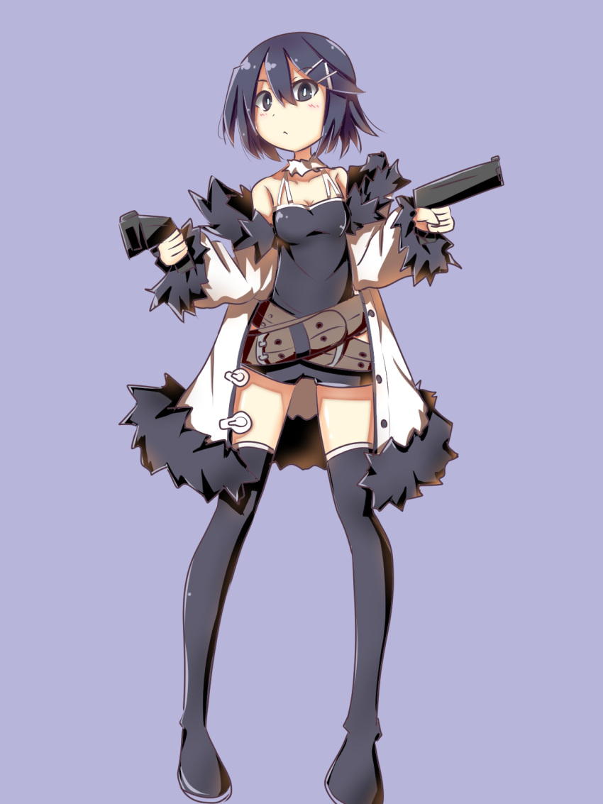 1girl asagiri_asagi bare_shoulders belt black_camisole black_eyes black_footwear black_hair black_shorts blue_background blush boots breasts bright_pupils brown_belt camisole cleavage closed_mouth coat commentary disgaea dual_wielding full_body fur-trimmed_coat fur_collar fur_trim gun hair_between_eyes hair_ornament hairclip handgun highres holding holding_gun holding_weapon kurokasu long_sleeves looking_at_viewer loose_belt makai_wars multiple_belts off_shoulder open_clothes open_coat pigeon-toed short_hair short_shorts shorts simple_background small_breasts solo thigh_boots thigh_gap weapon white_coat white_pupils x_hair_ornament zettai_ryouiki