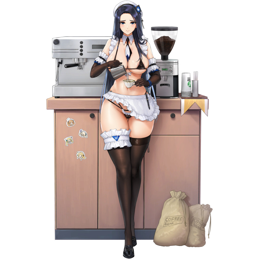 05565 1girl apron areola_slip ass_visible_through_thighs between_breasts bikini black_bikini black_footwear black_gloves blue_bracelet blue_eyes blue_hair blush bracelet breasts cafe cameltoe character_sticker coffee_bag coffee_beans coffee_grinder coffee_maker_(object) collar counter covered_nipples cup detached_collar disposable_cup elbow_gloves english_text frilled_apron frilled_gloves frilled_panties frilled_straps frills full_body game_cg gloves highres holding holding_cup invincible_dragon_(last_origin) jewelry large_breasts last_origin lips long_hair looking_at_viewer maid_bikini maid_cafe micro_bikini milk multicolored_necktie navel necktie necktie_between_breasts nereid_(last_origin) o-ring o-ring_top official_alternate_costume official_art panties pen pouring sack safety_pin shoes sirene_(last_origin) skindentation smile sticker stirring_rod string_bikini swimsuit tachi-e teacup thetis_(last_origin) thigh_strap thighhighs transparent_background underwear undine_(last_origin) white_apron white_collar