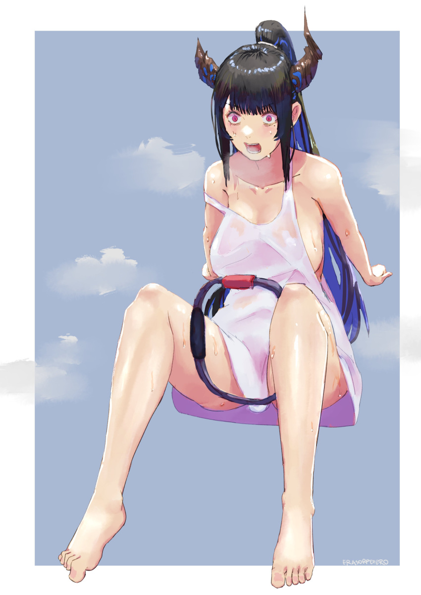 1girl absurdres asymmetrical_horns bare_legs barefoot black_hair blue_background blue_hair border breasts breath collarbone colored_inner_hair demon_horns english_commentary erasorpepero exercise exhausted heavy_breathing highres holoadvent hololive hololive_english horns large_breasts long_hair mole mole_under_eye multicolored_hair nerissa_ravencroft no_panties no_pants off_shoulder open_mouth pink_eyes ponytail ring_fit_adventure sidelocks signature simple_background sitting steam sweat tank_top two-tone_hair uneven_horns very_sweaty virtual_youtuber white_border wide-eyed