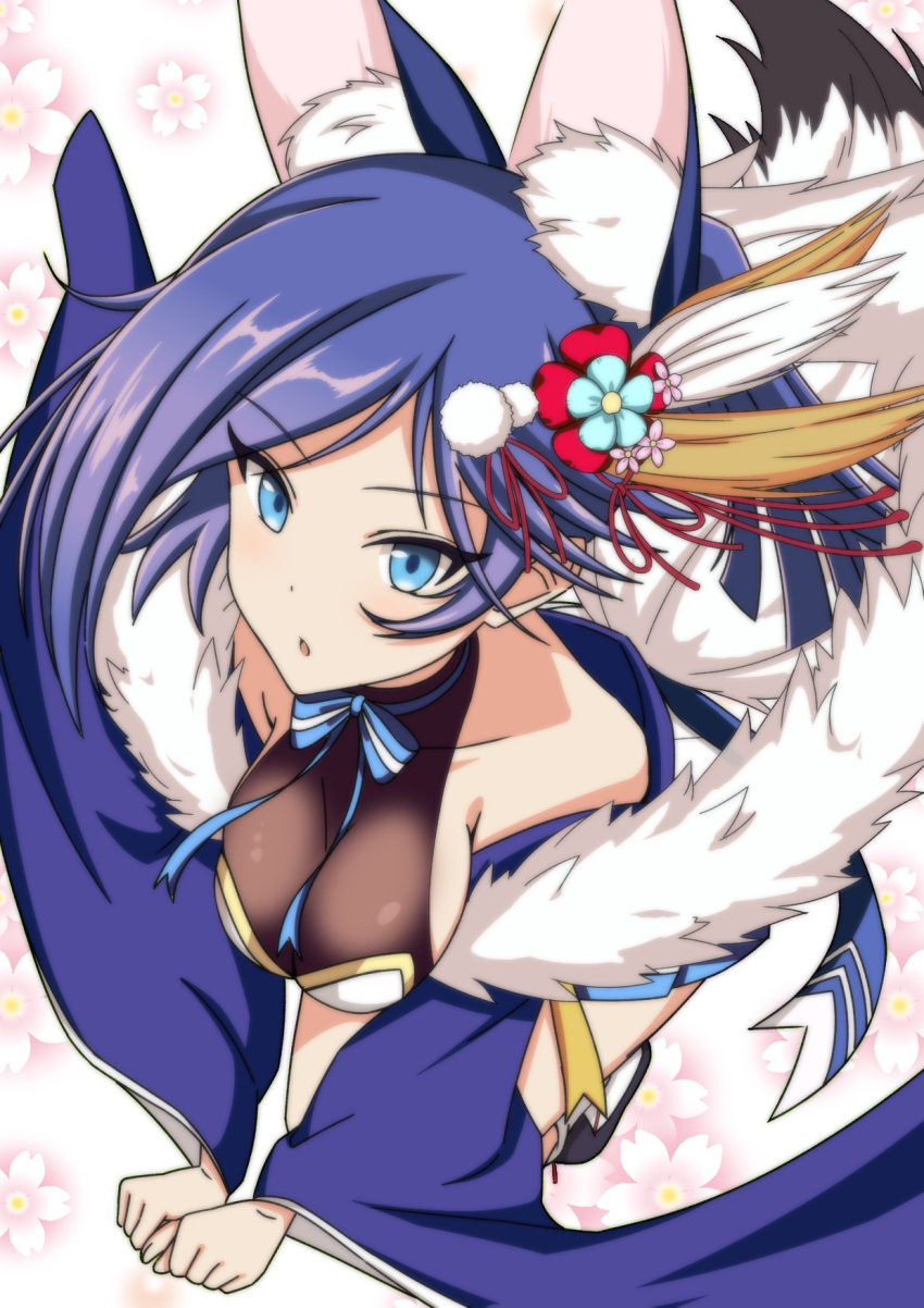 1girl animal_ear_fluff animal_ears azur_lane bare_shoulders black_bodysuit blue_eyes blue_hair bodysuit bodysuit_under_clothes breasts flower fox_ears fox_girl fox_tail fur_scarf hair_flower hair_ornament high_ponytail highres japanese_clothes jintsuu_(azur_lane) jintsuu_(retrofit)_(azur_lane) large_breasts light_blush long_sleeves looking_at_viewer medium_hair official_alternate_costume parted_bangs parted_lips pfyui_0217 solo tail wide_sleeves