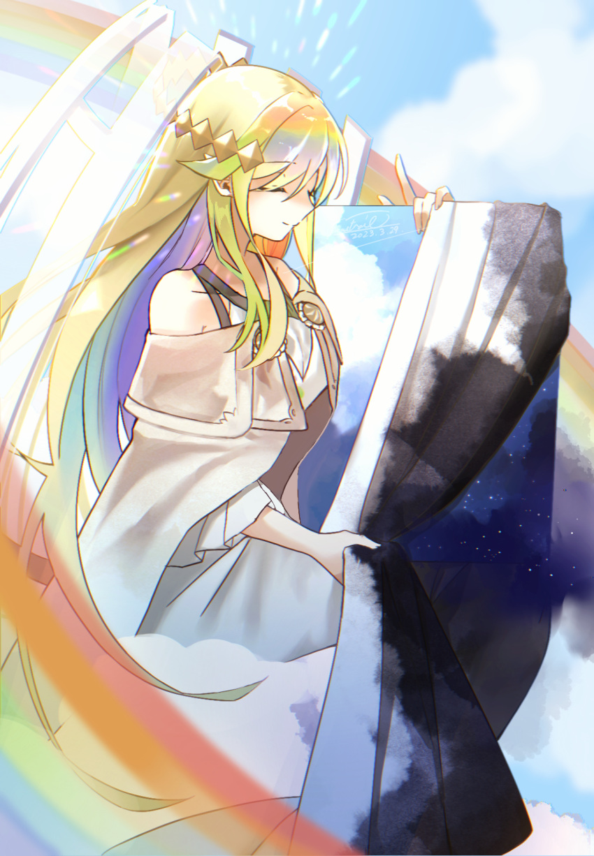 1girl bare_shoulders chromatic_aberration closed_eyes cloud dated dress duel_monster highres holding_painting index_finger_raised long_hair long_sleeves multicolored_hair painting_(object) pointy_ears rainbow rainbow_hair seatail signature sitting solo the_weather_painter_rainbow yu-gi-oh!