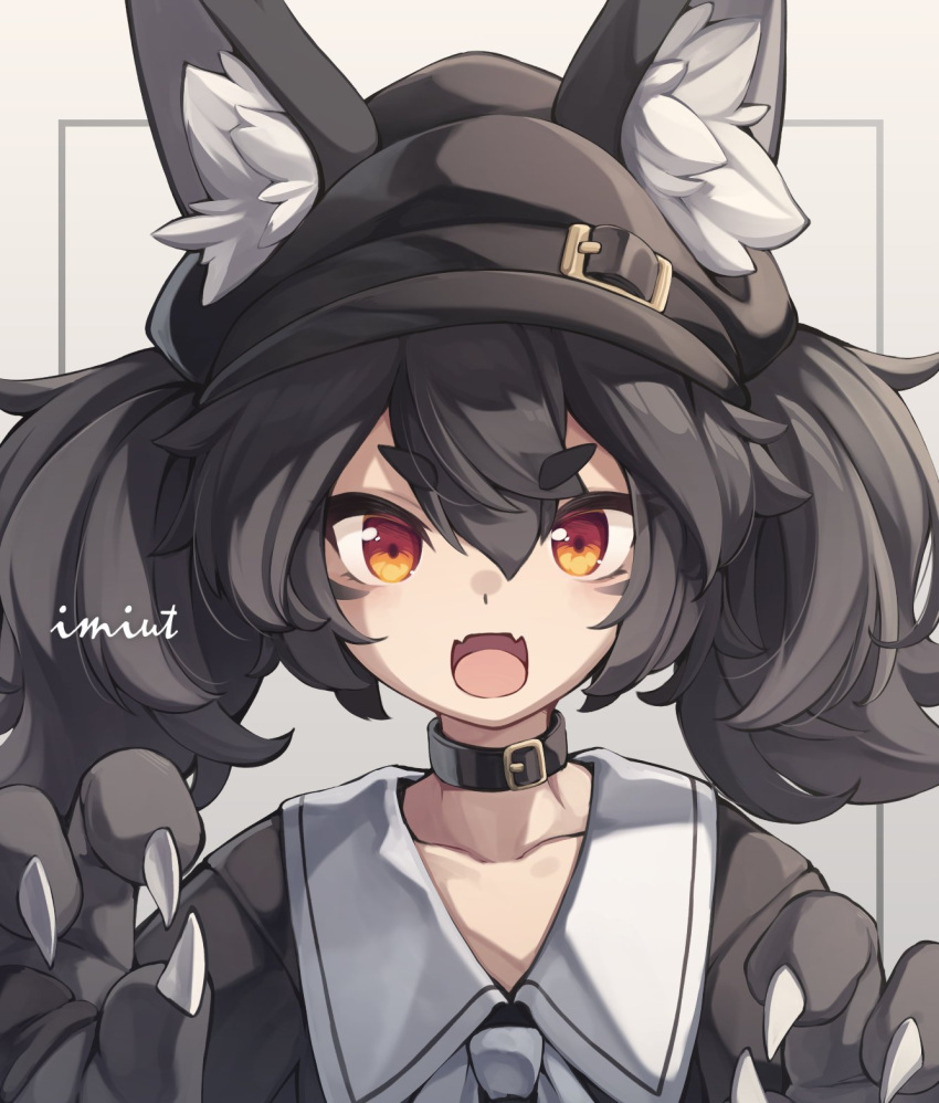 1girl :d animal_ear_fluff animal_ears bangs black_collar black_hair black_headwear black_shirt cabbie_hat claws collar collarbone collared_shirt commentary_request copyright_request ears_through_headwear fangs grey_background hair_between_eyes hands_up hat highres long_hair looking_at_viewer natsuki_teru red_eyes shirt short_eyebrows signature simple_background smile solo thick_eyebrows