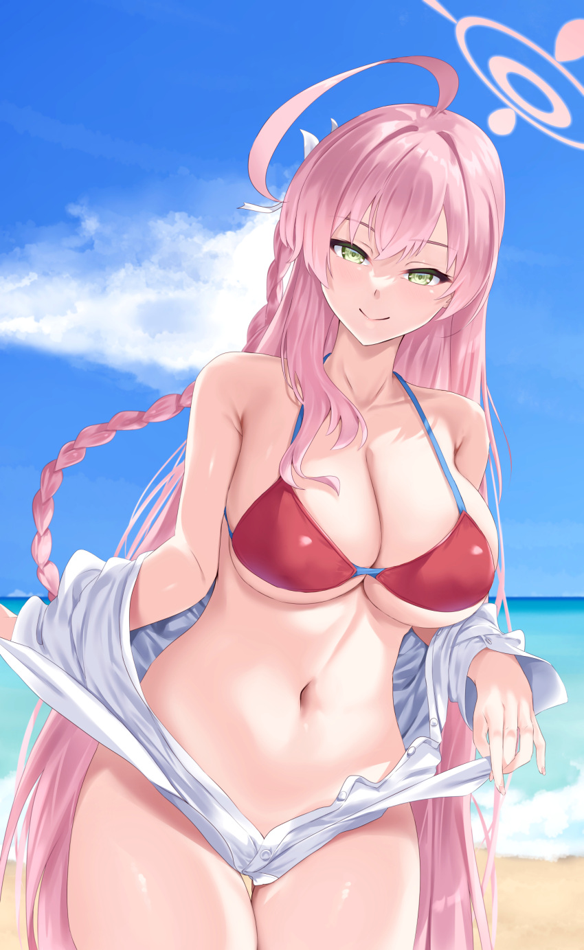 1girl ahoge bare_shoulders beach bikini blue_archive blue_sky blush bow braid breasts cleavage collarbone green_eyes hair_bow halo hanako_(blue_archive) hanako_(swimsuit)_(blue_archive) highres large_breasts long_hair long_sleeves looking_at_viewer navel off_shoulder pink_hair red_bikini ryouya shirt shore side_braid sky smile solo swimsuit thighs very_long_hair white_shirt