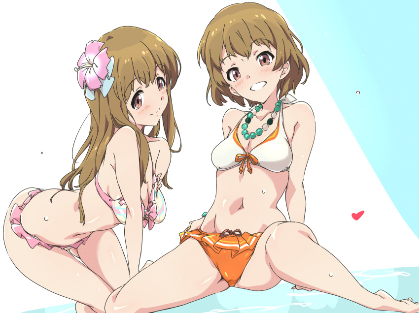 2girls bead_necklace beads bikini breasts brown_eyes closed_mouth commentary_request flower frilled_bikini frills hair_flower hair_ornament heart highres jewelry long_hair looking_at_viewer medium_breasts multicolored_bikini multicolored_clothes multiple_girls naughty_face navel necklace short_hair siblings sisters sitting smile sugihara_marika sugihara_sakura sweat swimsuit umanosuke wake_up_girls! wake_up_girls!_stage_no_tenshi white_bikini