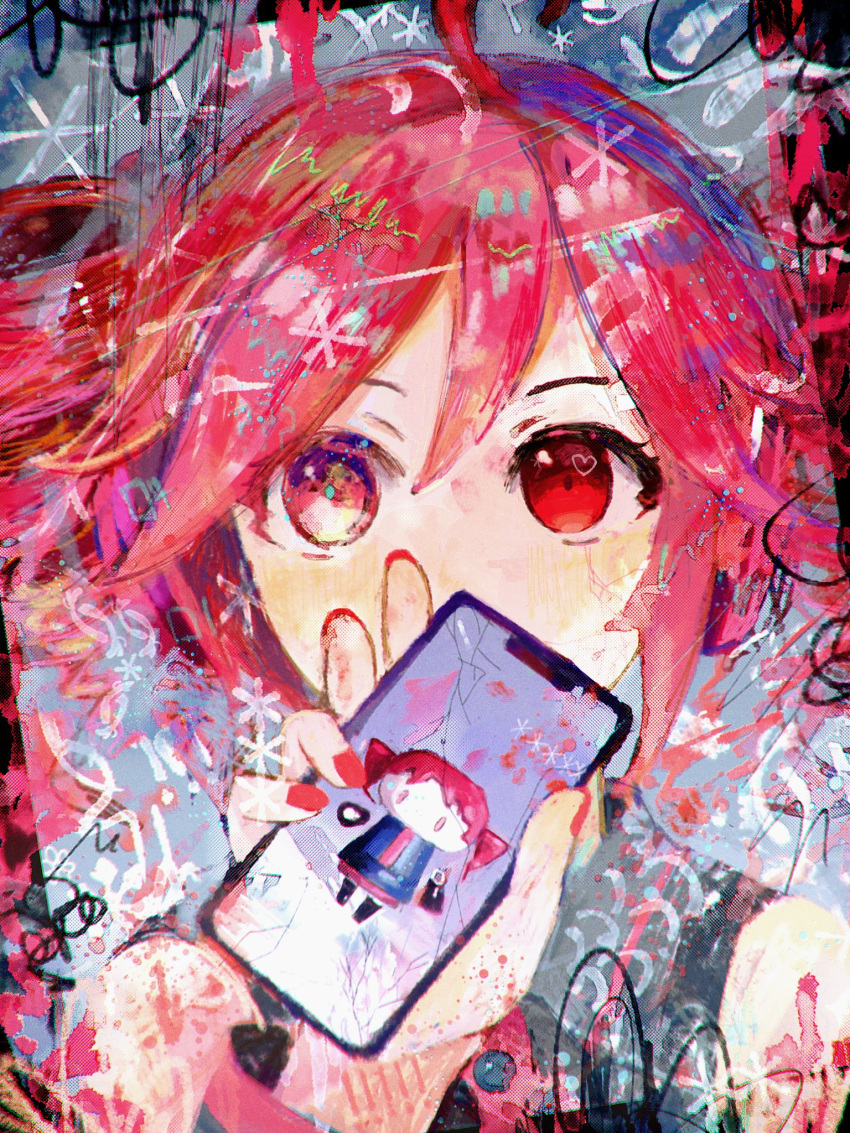 1girl abstract ahoge anmoromochi asterisk_(symbol) asymmetrical_eyes black_shirt blush cellphone_picture chibi chromatic_aberration collared_shirt commentary_request covered_mouth cracked_screen detached_sleeves drill_hair dual_persona grey_background hand_up heart heart_in_eye highres hito_mania_(utau) holding holding_phone kasane_teto looking_at_viewer phone portrait red_hair red_nails shirt short_hair sleeveless sleeveless_shirt solo symbol_in_eye twin_drills utau