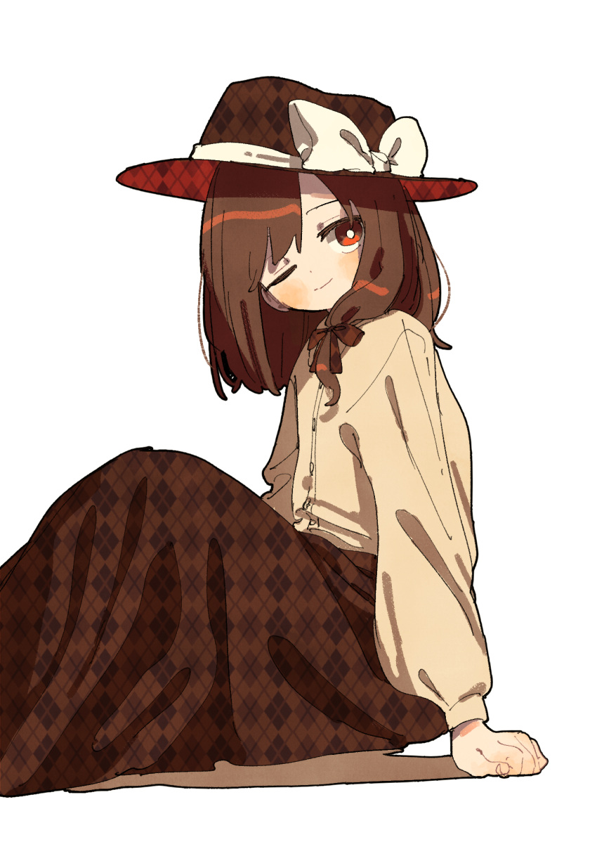 1girl bow brown_eyes brown_hair brown_headwear brown_skirt buttons closed_mouth hat hat_bow highres long_sleeves medium_hair nama_udon one_eye_closed puffy_long_sleeves puffy_sleeves shirt simple_background skirt solo touhou usami_renko white_background white_bow yellow_shirt