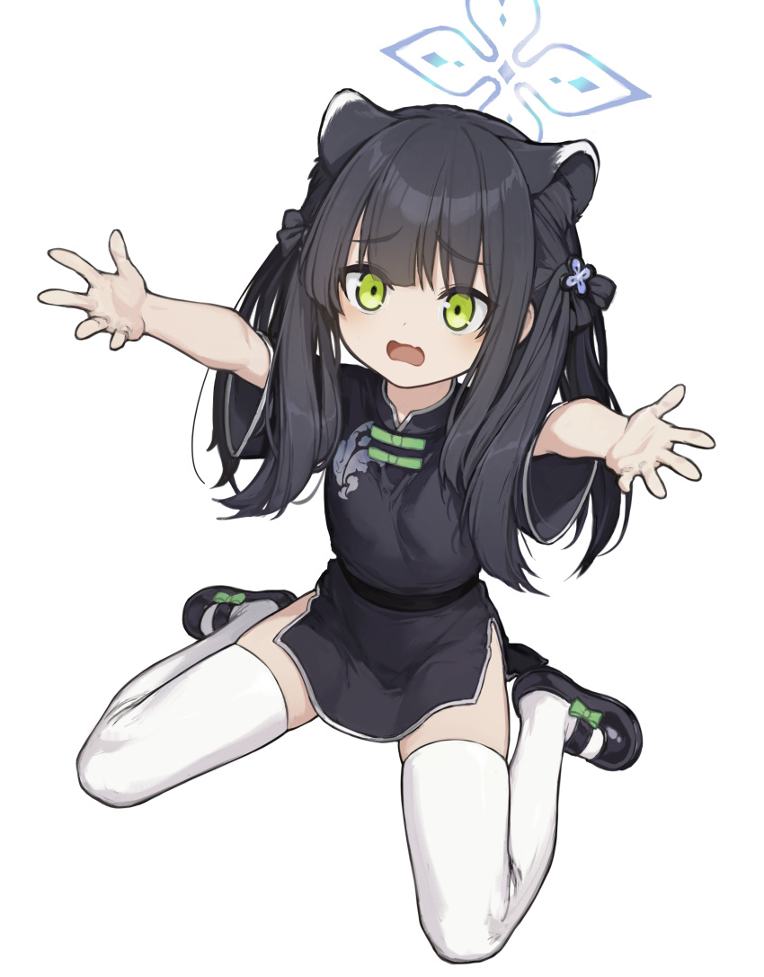 1girl 8886961 absurdres animal_ears black_dress black_footwear black_hair blue_archive blue_halo child china_dress chinese_clothes commentary dress green_eyes halo highres looking_at_viewer mary_janes open_mouth reaching reaching_towards_viewer shoes short_sleeves shun_(blue_archive) shun_(small)_(blue_archive) side_slit simple_background solo thighhighs tiger_ears tiger_girl white_background white_thighhighs