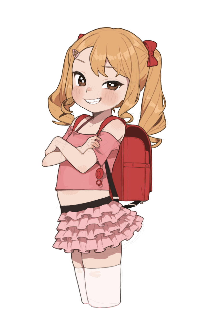 1girl absurdres backpack bag blush bow brown_eyes crime_prevention_buzzer crop_top cropped_legs crossed_arms frilled_skirt frills from_side grin hair_bow hair_ornament hairclip highres long_hair looking_at_viewer mesugaki off-shoulder_shirt off_shoulder open_mouth opossumachine orange_hair original pink_shirt pink_skirt raised_eyebrows randoseru red_bow shirt short_twintails sidelocks simple_background skirt smile smug solo thighhighs twintails white_background white_thighhighs zettai_ryouiki