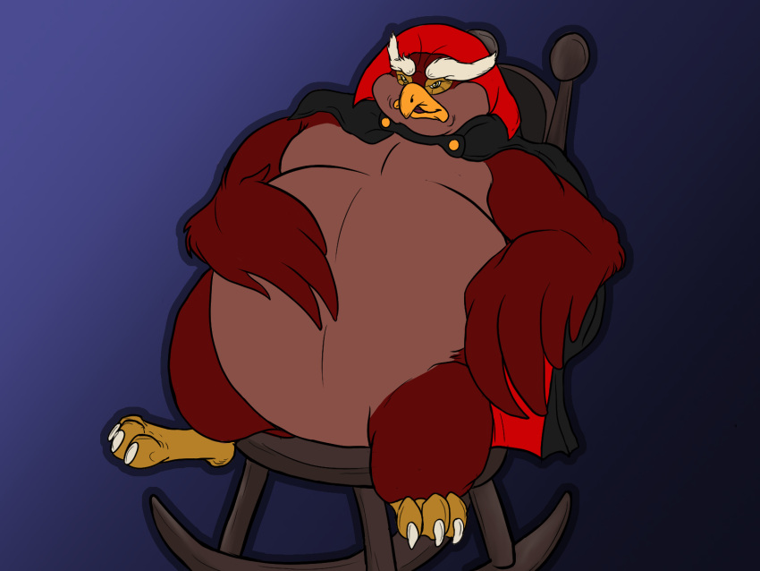 anthro avian belly big_(disambiguation) bird chair claws don_bluth furniture grand_duke_of_owls grandduke hi_res invalid_tag male obese overweight owl paws pumex rock-a-doodle slightly_chubby solo toe_claws