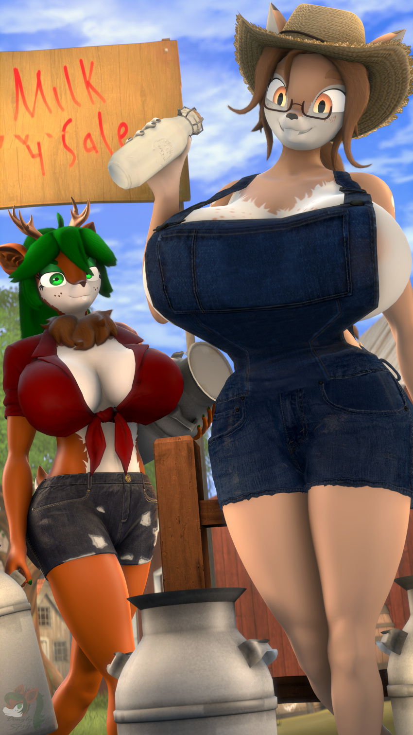 3d_(artwork) 4k absurd_res anthro antlers big_breasts breasts buckteeth cleavage clothed clothing deer digital_media_(artwork) donglysfm duo eyewear farm farm_girl farmer female fiona_fawnbags_(dullvivid) glasses green_hair hair hi_res horn huge_breasts mammal mature_female milk neck_tuft outside overalls overalls_only revamped_anthros size_difference source_filmmaker tea_tree_(donglysfm) teeth tuft