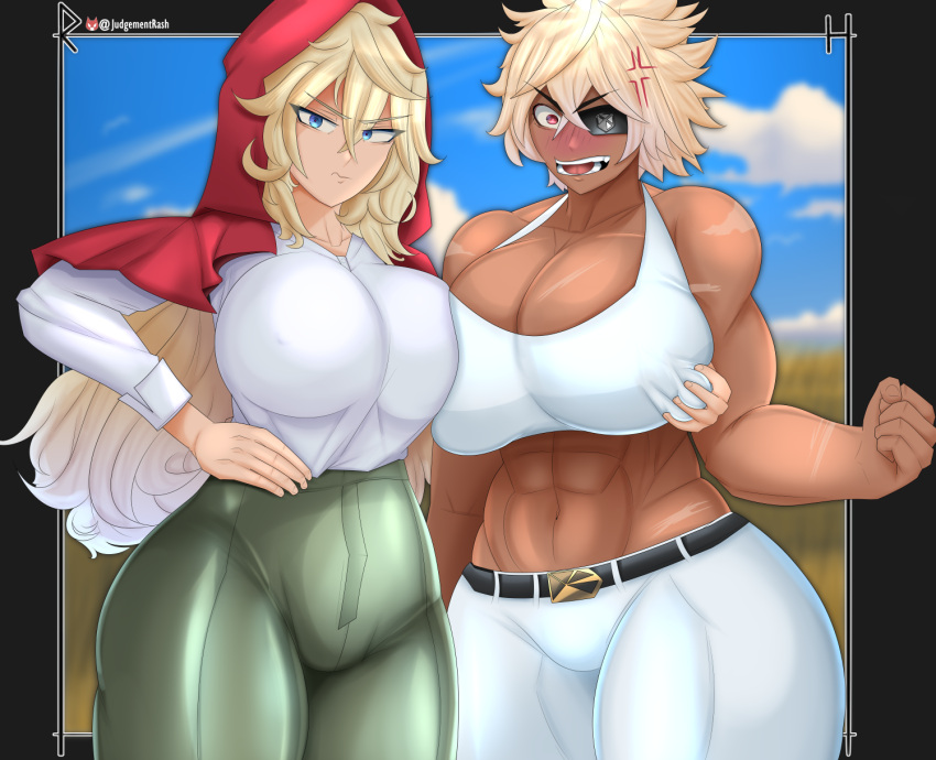 abs angry breasts debonair_diamond grabbing grabbing_another's_breast grimm_(red_hood) highres huge_breasts muscular muscular_female nipples_pressed_together rashjudgement red_hood red_hood_(kawaguchi) scar sky teasing thick_thighs thighs tomboy wide_hips
