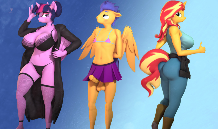 16:9 2023 3d_(artwork) absurd_res adjusting_glasses alternate_hairstyle animal_genitalia animal_penis anthro balls big_breasts bikini bikini_top bikini_top_only blush boots bottomwear bra breasts butt clothed clothing coat crossdressing digital_media_(artwork) equestria_girls equid equine equine_genitalia equine_penis erection erection_under_skirt eyeshadow eyewear feathered_wings feathers female fingers fishnet fishnet_legwear flash_sentry_(mlp) floppy_ears folded_wings footwear friendship_is_magic fur genitals gesture girly glasses gradient_background group hair hair_bun hand_on_glasses hands_behind_back hasbro hi_res horn horned_humanoid horse humanoid jacket_around_waist lace_bra legwear lingerie looking_at_viewer looking_away looking_back looking_back_at_viewer makeup male male/female mammal micro_bikini multicolored_hair my_little_pony open_clothing open_coat open_topwear panties pegasus penis pony sci-twi shirt short_hair silkworm205 simple_background skirt smile source_filmmaker stockings sunset_shimmer_(eg) sweatpants swimwear tail tank_top thumbs_up tongue tongue_out topwear trio twilight twilight_sparkle_(mlp) underwear unicorn widescreen winged_unicorn wings