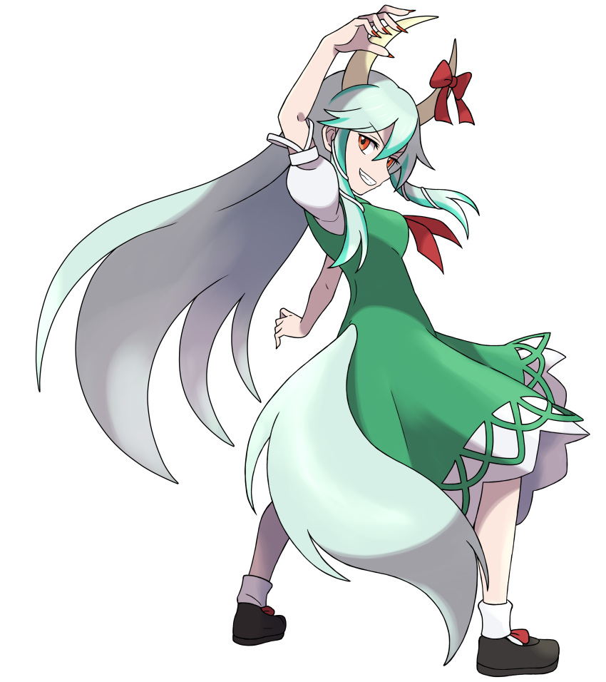 1girl absurdres asatsuki_(fgfff) black_footwear bow breasts collared_dress commentary_request dress ex-keine fingernails footwear_bow full_body green_dress green_hair green_theme grey_hair grey_tail grin highres horn_bow horn_ornament horn_ribbon horns kamishirasawa_keine long_fingernails long_hair mary_janes medium_breasts multicolored_hair neckerchief puffy_short_sleeves puffy_sleeves red_bow red_eyes red_nails red_neckerchief ribbon shirt shoes short_sleeves sidelocks simple_background smile solo sugimori_ken_(style) tail touhou two-tone_hair white_background white_shirt
