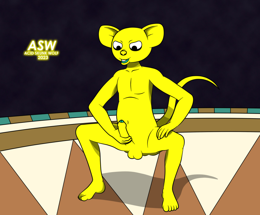 acidskunkwolf anthro arena balls crouching dragon_ball dragon_ball_super genitals hi_res male mammal masturbation mouse murid murine nude penis quitela rodent solo yellow_body yellow_penis