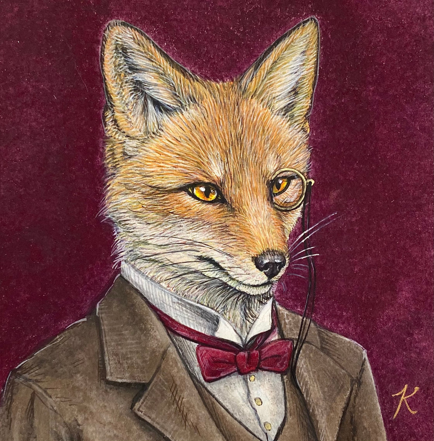 accessory anthro black_nose bow_tie canid canine clothing dipstick_ears eyewear formal formal_wear fox fur headshot_portrait hi_res icon jacket kaho_nishikawa male mammal monocle multicolored_ears painting_(artwork) portrait realistic_fur red_background red_fox simple_background solo suit_jacket topwear traditional_media_(artwork) whiskers white_body white_fur yellow_eyes