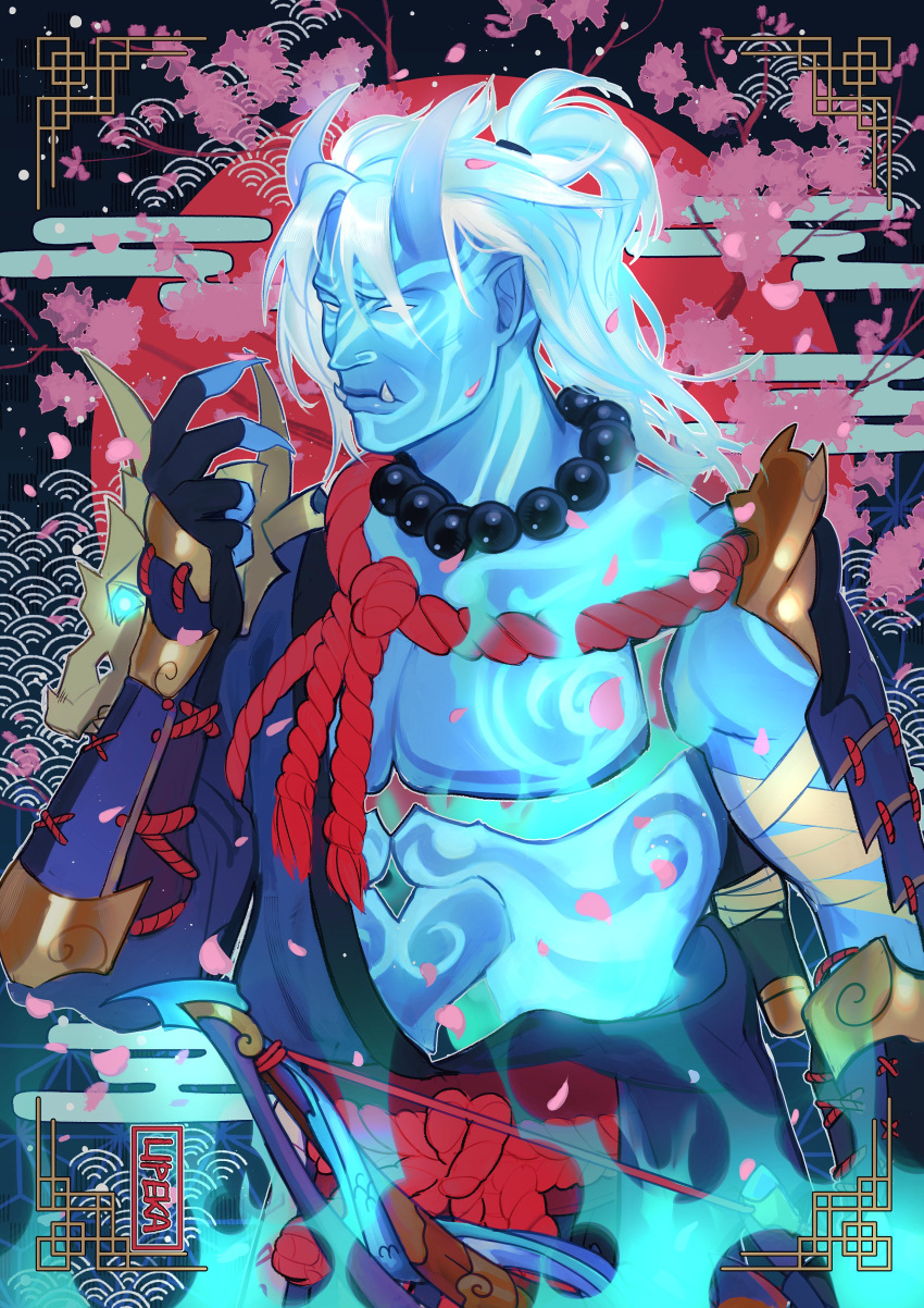 1boy absurdres aura bandaged_arm bandages bare_pectorals bead_necklace beads blank_eyes blue_aura blue_skin chest_tattoo colored_skin cowboy_shot demon_boy demon_horns fingernails glowing glowing_eyes glowing_tattoo hadanugi_dousa hanzo_(overwatch) high_ponytail highres horns inset_border jewelry lipeka long_hair male_focus necklace official_alternate_costume official_alternate_hairstyle onryo_hanzo overwatch overwatch_2 pectorals sharp_fingernails solo tattoo toned toned_male tusks vambraces