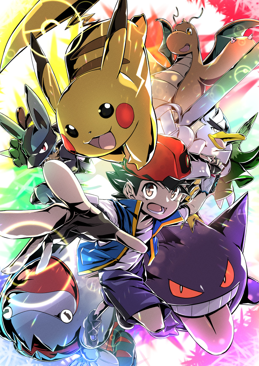 1boy :3 :d absurdres ash_ketchum baseball_cap beak bird black_hair blue_jacket blue_shorts blush_stickers brown_eyes claws colored_sclera dracovish dragon dragonite duck fingerless_gloves food foreshortening gengar ghost gloves grin hat highres holding holding_food holding_shield holding_spring_onion holding_vegetable jacket kakashino_kakato looking_at_viewer lucario open_mouth pikachu pokemon pokemon_(anime) pokemon_(creature) red_eyes red_headwear red_sclera shield shirt shoes short_hair shorts sirfetch'd sleeveless sleeveless_duster sleeveless_jacket smile sneakers spiked_hair spikes spring_onion t-shirt teeth tongue tongue_out unibrow v-shaped_eyebrows vegetable weapon white_shirt yellow_fur