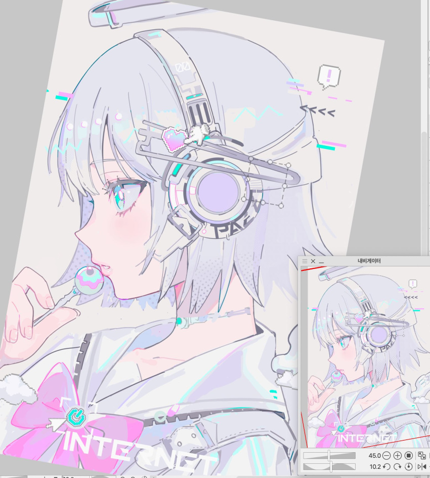 ! 1girl aqua_eyes arrow_(symbol) belt belt_buckle bow bowtie bright_pupils buckle cross cursor dotted_line fingernails food greek_cross grey_background grey_belt grey_hair grey_halo grey_sailor_collar grey_shirt grey_theme halftone halo hand_cursor hand_up headphones heart highres holding holding_food holding_popsicle icon_(computing) korean_text light_blush long_fingernails minus_sign original parted_lips pazzi_(zzxh2354) pink_bow pink_bowtie pixel_heart popsicle portrait power_symbol profile sailor_collar shirt short_hair solo speech_bubble translation_request user_interface white_pupils window_(computing)