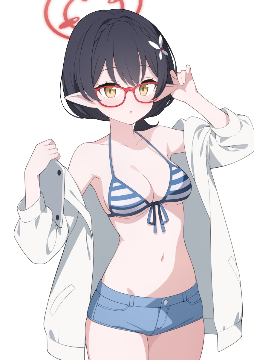 1girl :o absurdres arm_up ayane_(blue_archive) ayane_(swimsuit)_(blue_archive) bare_shoulders bikini bikini_under_clothes black_hair blue_archive blue_shorts blush braid breasts brown_eyes collarbone commentary_request cowboy_shot denim denim_shorts flower front-tie_bikini_top front-tie_top glasses hair_flower hair_ornament halo hand_up hands_up highres holding jacket jyt long_sleeves medium_breasts navel off_shoulder open_clothes open_jacket parted_lips pointy_ears puffy_long_sleeves puffy_sleeves red-framed_eyewear short_shorts shorts simple_background solo striped striped_bikini swimsuit white_background white_flower white_jacket