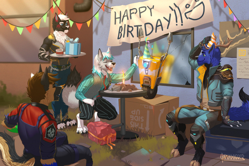 anthro birthday birthday_cake birthday_hat borderlands cake canid canine canis claptrap cute_expression dante_kinkade dessert domestic_dog druidogger food gift group happy hi_res machine male mammal robot wolf