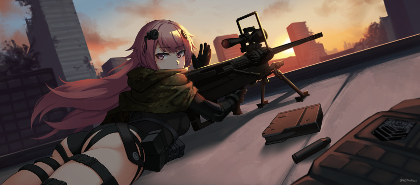 1girl absurdres anti-materiel_rifle ass black_gloves black_leotard building camouflage commentary_request commission covered_mouth floating_hair girls'_frontline gloves gun hand_up highres holding holding_gun holding_weapon hood hood_down leotard long_hair long_sleeves looking_at_viewer looking_back name_connection ndtwofives ntw-20 ntw-20_(girls'_frontline) object_namesake on_roof outdoors pink_hair red_eyes rifle rooftop ruins scope shell_casing short_sleeves skyscraper snap-fit_buckle sniper_rifle solo sunset thigh_strap very_long_hair weapon