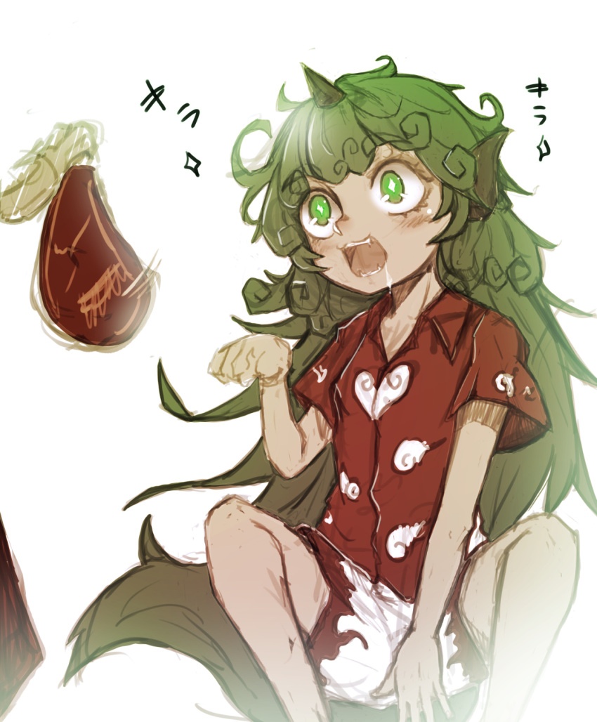 +_+ 2girls blush cloud_print collared_shirt commentary_request curly_hair denpa_rasaito dog_girl dog_tail drooling feet_out_of_frame flat_chest food green_eyes green_hair hakurei_reimu highres horns kariyushi_shirt komano_aunn long_hair meat medium_bangs multiple_girls one-hour_drawing_challenge open_mouth paw_pose red_shirt shirt short_sleeves shorts simple_background single_horn solo_focus squatting tail touhou white_background white_shorts