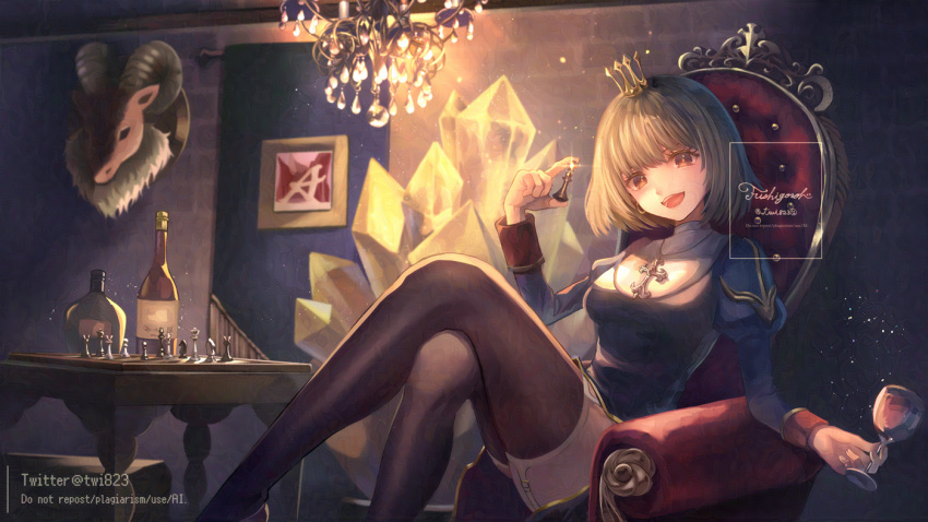 1girl 823/natalia :d armchair baphomet_(ragnarok_online) black_thighhighs blue_dress bottle breasts chair chandelier chess_piece chessboard cross cross_necklace crossed_legs crown crystal cup dress drink drinking_glass earrings garter_straps glint gold_headwear holding holding_chess_piece holding_cup holding_drink jewelry juliet_sleeves light_brown_hair light_particles long_sleeves looking_at_viewer medium_breasts mini_crown necklace open_mouth orange_eyes orange_pupils priest_(ragnarok_online) puffy_sleeves ragnarok_online short_hair sitting sleeve_cuffs smile solo sparkle teeth thighhighs twitter_username wine_bottle wine_glass zettai_ryouiki