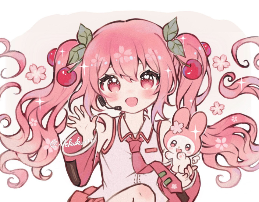 1girl :d alternate_color bangs cherry_hair_ornament collared_shirt flower food-themed_hair_ornament hair_ornament hatsune_miku headset long_hair looking_at_viewer necktie neko_to_tsuki open_mouth pink_eyes pink_flower pink_hair pink_necktie rabbit rabbit_yukine sakura_miku set shirt simple_background smile twintails twitter_username vocaloid white_background white_shirt