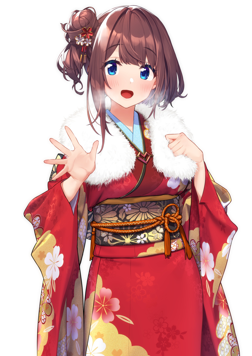 1girl 2021 :d absurdres baffu blue_eyes blush breasts breath brown_hair clenched_hand commentary_request floral_print fur_trim hair_bun hair_ornament hands_up highres hitoyo_(baffu) japanese_clothes kimono large_breasts long_sleeves looking_at_viewer new_year obi open_hand open_mouth original red_kimono sash simple_background single_hair_bun smile solo translated upper_body wide_sleeves