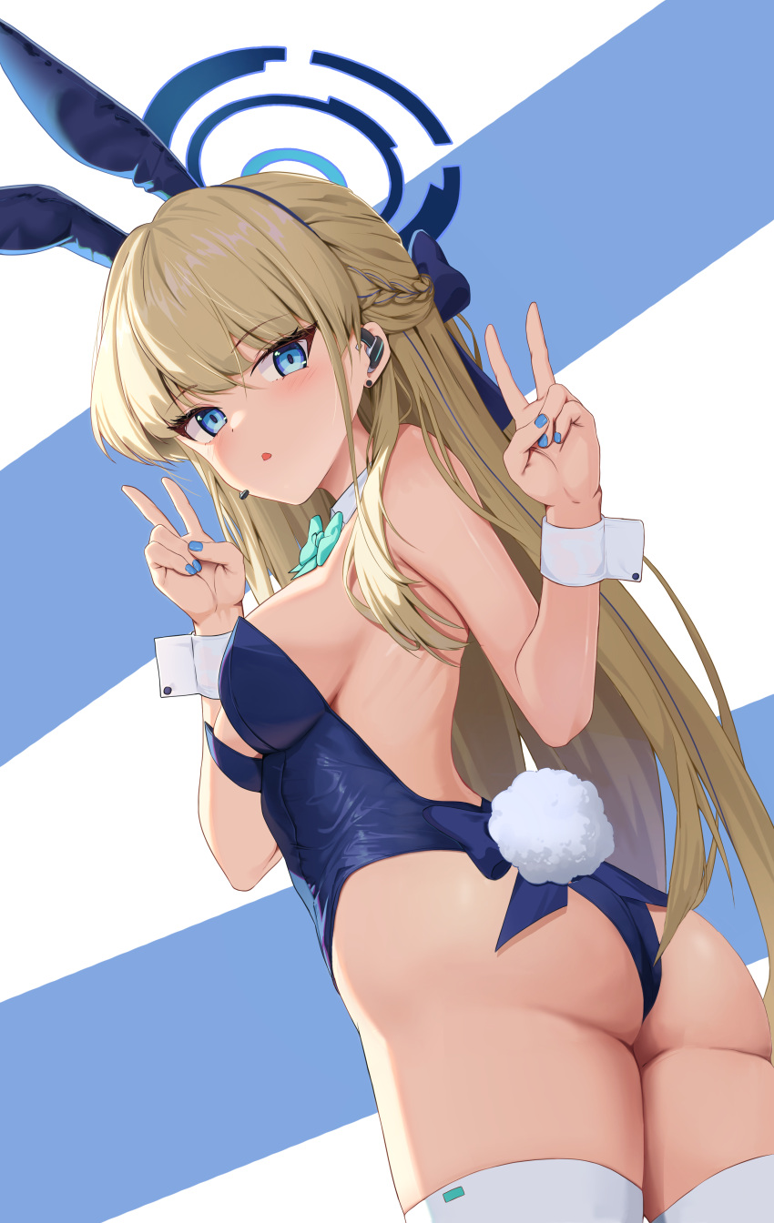 1girl absurdres animal_ears aqua_bow aqua_bowtie blonde_hair blue_archive blue_eyes blue_hairband blue_leotard bow bowtie breasts detached_collar double_v earpiece fake_animal_ears fake_tail hairband halo highleg highleg_leotard highres large_breasts leotard long_hair looking_at_viewer looking_back monmo_mu official_alternate_costume playboy_bunny rabbit_ears rabbit_tail solo strapless strapless_leotard tail thighhighs toki_(blue_archive) toki_(bunny)_(blue_archive) v white_thighhighs white_wrist_cuffs wrist_cuffs