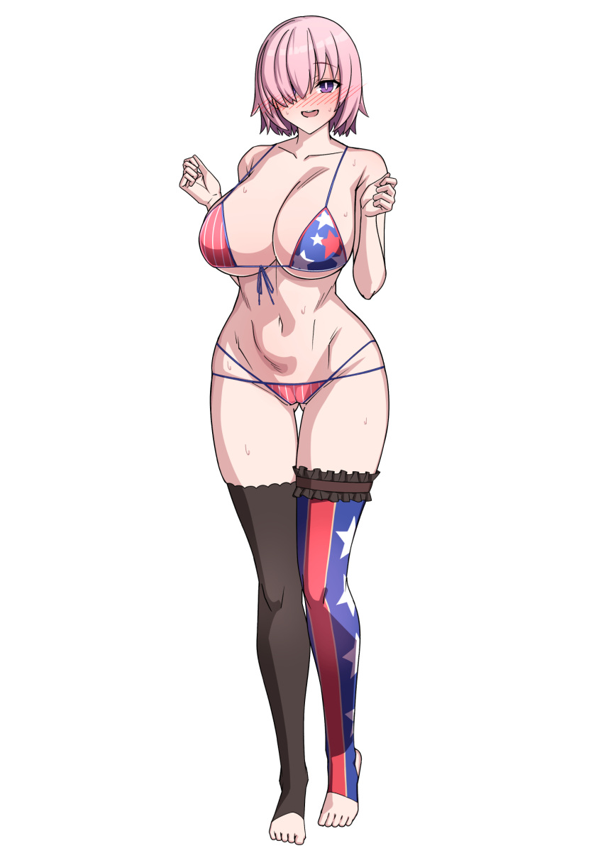 1girl american_flag_bikini bikini breasts cleavage collarbone cosplay fate/grand_order fate_(series) flag_print full_body hair_over_one_eye highres large_breasts light_purple_hair looking_at_viewer mash_kyrielight miyamoto_musashi_(fate) miyamoto_musashi_(swimsuit_berserker)_(fate) miyamoto_musashi_(swimsuit_berserker)_(second_ascension)_(fate) miyamoto_musashi_(swimsuit_berserker)_(second_ascension)_(fate)_(cosplay) muta_poo navel open_mouth purple_eyes short_hair smile solo swimsuit thighhighs