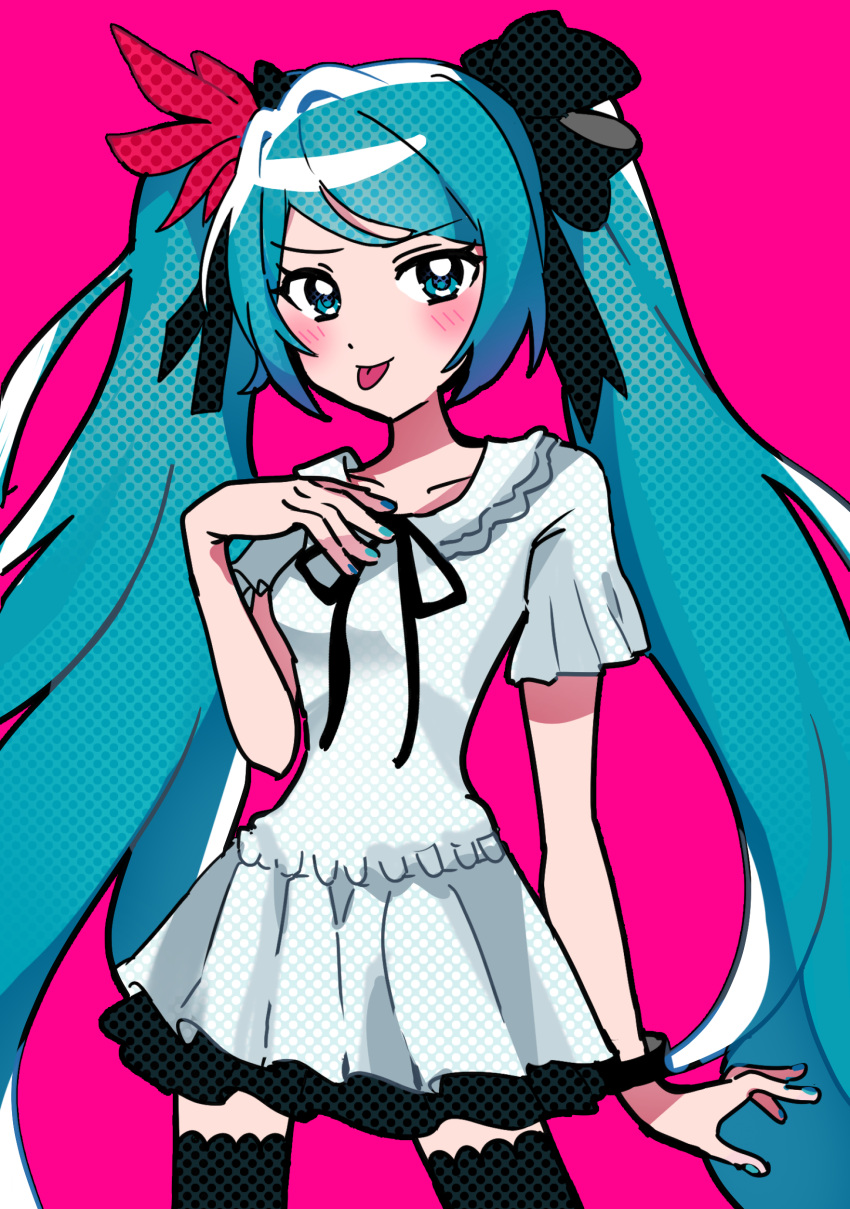 1girl absurdres aqua_eyes aqua_hair aqua_nails black_bow black_thighhighs blush bow bracelet choker collar dress feather_hair_ornament feathers frilled_collar frills hair_ornament hand_up hatsune_miku highres jewelry long_hair looking_at_viewer pink_background pleated_dress red_feathers short_dress simple_background sugarmonaka supreme_(module) thighhighs tongue tongue_out very_long_hair vocaloid white_dress world_is_mine_(vocaloid)