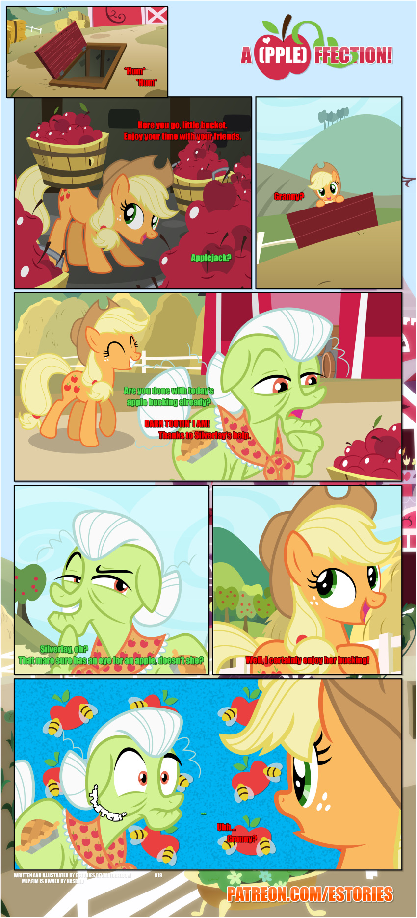 absurd_res apple_farm apple_tree applejack_(mlp) black_border border cellar clothing dialogue door duo ears_down ears_up earth_pony equid equine estories female feral freckles friendship_is_magic fruit_tree grandchild_(lore) granddaughter_(lore) grandmother_(lore) grandparent_(lore) granny_smith_(mlp) hasbro hat headgear headwear hi_res horse innuendo inside mammal my_little_pony open_mouth outside pivoted_ears plant pony scarf sweet_apple_acres tree wide_eyed