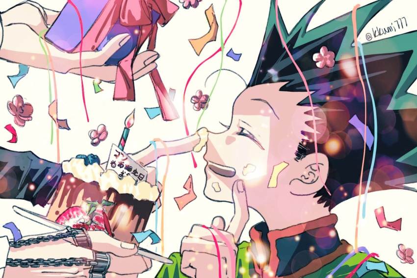 4boys :d ^_^ birthday birthday_cake black_hair box cake chain closed_eyes confetti cream cream_on_face finger_on_nose flower food food_on_face from_side gift gift_box gon_freecss green_hair green_jacket highres holding holding_gift holding_plate hunter_x_hunter jacket killua_zoldyck kkumi777 kurapika leorio_paladiknight long_sleeves male_focus multicolored_hair multiple_boys plate short_hair simple_background smile solo_focus spiked_hair twitter_username two-tone_hair white_background