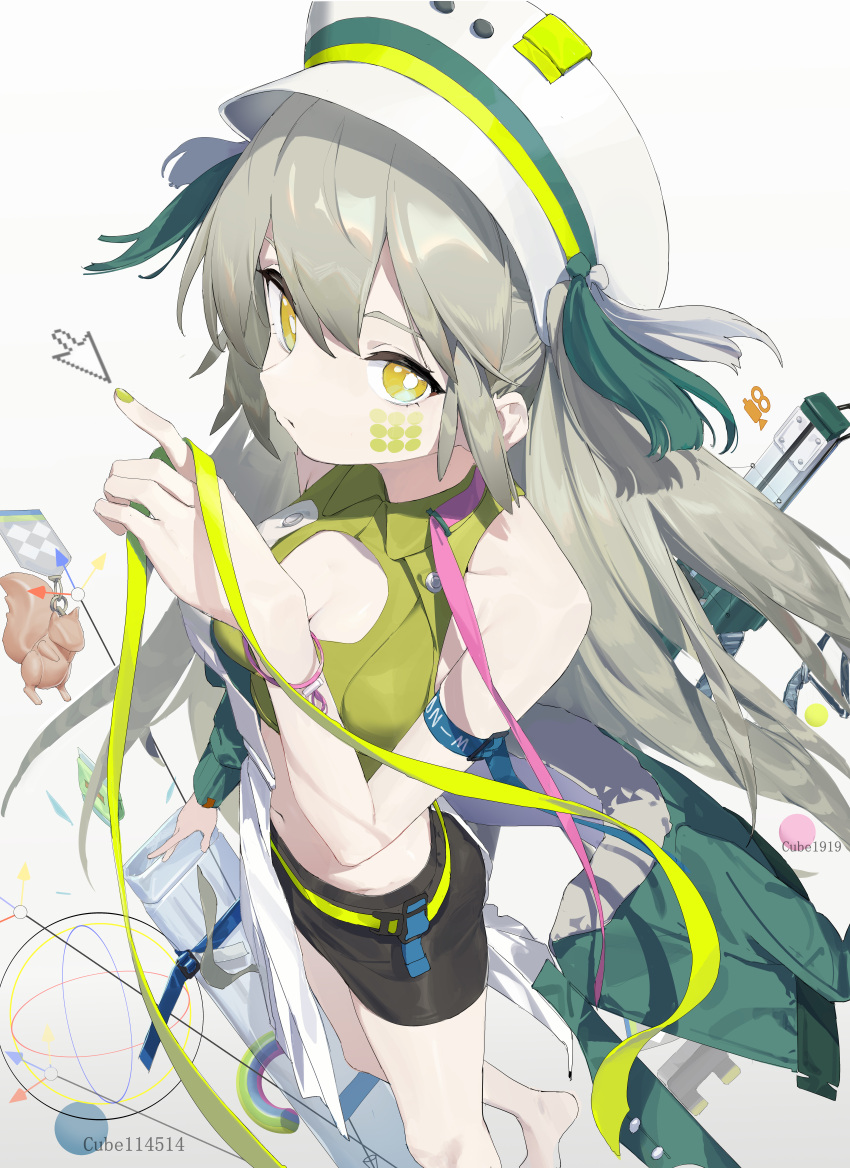 1girl 2t_(vmyz7342) absurdres arknights bare_shoulders barefoot breasts cleavage crop_top cursor facial_mark fartooth_(arknights) fartooth_(hear_the_wind_sing)_(arknights) from_above green_jacket green_nails green_ribbon grey_hair hat highres jacket long_hair looking_at_viewer medium_breasts ribbon sideways_glance solo very_long_hair white_background yellow_eyes