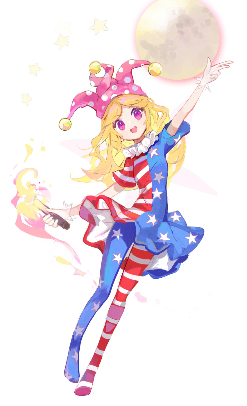 1girl absurdres american_flag_dress american_flag_legwear blonde_hair clownpiece daedalu dress fairy fairy_wings full_body full_moon hat highres holding holding_torch jester_cap long_hair moon open_mouth pantyhose pink_eyes pink_headwear polka_dot polka_dot_headwear short_sleeves solo star_(symbol) star_print striped striped_dress striped_pantyhose torch touhou wings