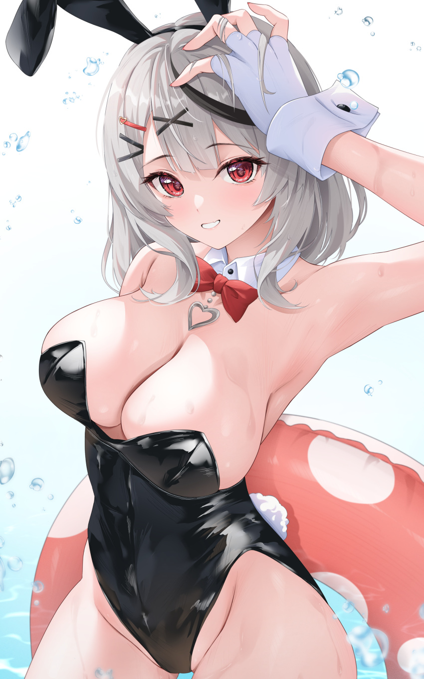 1girl absurdres alternate_costume animal_ears arm_up armpits bow bowtie breasts cleavage commentary_request detached_collar fake_animal_ears fingerless_gloves gloves grey_hair grin groin hair_ornament hairclip heart_pendant highleg highleg_leotard highres holding holding_innertube hololive innertube iroha_(unyun) large_breasts leotard looking_at_viewer medium_hair playboy_bunny rabbit_ears rabbit_tail red_bow red_bowtie red_eyes sakamata_chloe smile solo tail virtual_youtuber wet white_gloves wrist_cuffs