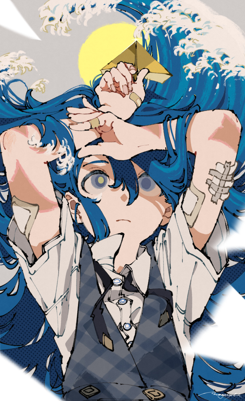 1girl arms_up bandage_on_elbow bandages bandaid bandaid_on_hand blue_hair blue_vest collared_shirt floating_hair grey_background hair_between_eyes halftone highres holding_paper_airplane long_hair looking_ahead magotsuki_(hurray) mismatched_pupils original paper_airplane shirt short_sleeves sidelocks simple_background solo upper_body vest waves white_shirt yellow_pupils