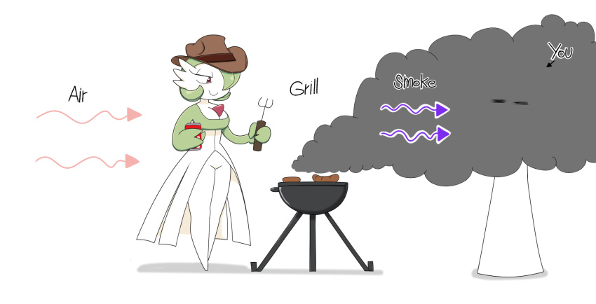 1girl 1other =_= arrow_(symbol) blush bob_cut breasts brown_headwear can cleavage closed_mouth clothed_pokemon colored_skin cooking cowboy_hat drink english_text food fork full_body gardevoir green_hair green_skin grill grilling hair_over_one_eye half-closed_eyes hands_up happy hat highres holding holding_can holding_drink holding_fork legs legs_together light_blush looking_down meat medium_breasts multicolored_skin one_eye_covered pokemon pokemon_(creature) putri_(somedude1727) red_eyes sausage short_hair simple_background smile smoke standing two-tone_skin white_background white_skin