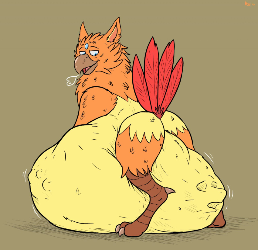 abdominal_bulge after_vore anthro anthro_pred avian beak belly big_belly bird blue_eyes butt feathers hi_res looking_at_belly looking_back male male_pred orange_body orange_feathers red_body red_feathers simple_background thatgryphonguy unwilling_prey vore yellow_body yellow_feathers