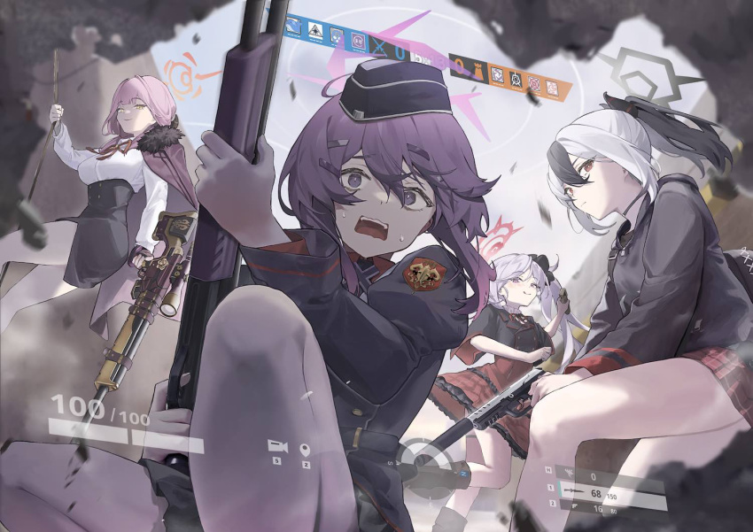 4girls aru_(blue_archive) black_choker black_footwear black_hair black_headwear black_shirt black_skirt blue_archive boots choker expressionless floating_hair fur-trimmed_collar gloves gun halo haruka_(blue_archive) high-waist_skirt holding holding_gun holding_weapon kayoko_(blue_archive) long_hair long_sleeves looking_at_viewer multicolored_hair multiple_girls mutsuki_(blue_archive) nervous open_mouth pencil_skirt pink_hair problem_solver_68_(blue_archive) purple_eyes purple_hair rainbow_six_siege red_ribbon ribbon seallllion shirt short_hair sidelocks skirt smile squatting standing standing_on_one_leg sweatdrop teeth thigh_strap tongue tongue_out upper_teeth_only weapon white_gloves white_hair white_shirt