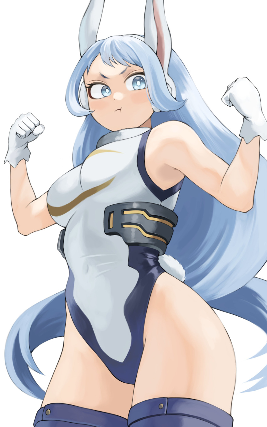 1girl :i absurdres animal_ears blue_eyes blue_hair boku_no_hero_academia clenched_hands cosplay covered_navel crescent_print fengling_(furin-jp) fur_collar gloves hadou_nejire hands_up highleg highleg_leotard highres leotard long_hair mirko mirko_(cosplay) rabbit_ears rabbit_tail simple_background skin_tight sleeveless sleeveless_turtleneck sleeveless_turtleneck_leotard solo superhero tail turtleneck turtleneck_leotard very_long_hair white_background white_gloves white_leotard